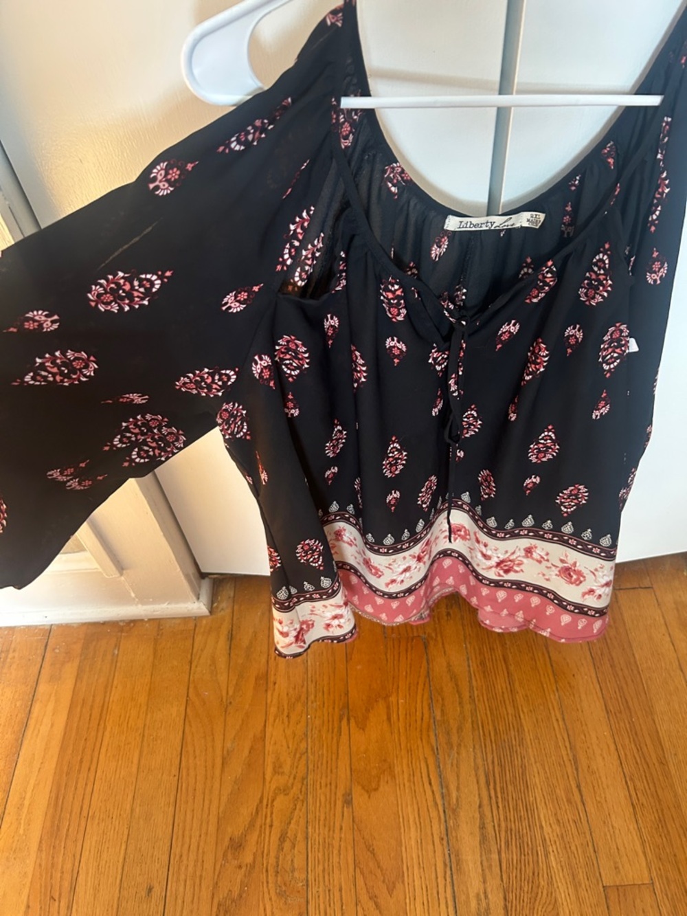 Liberty Love Black Floral Tie-Neck Peasant Tunic with Pink Border